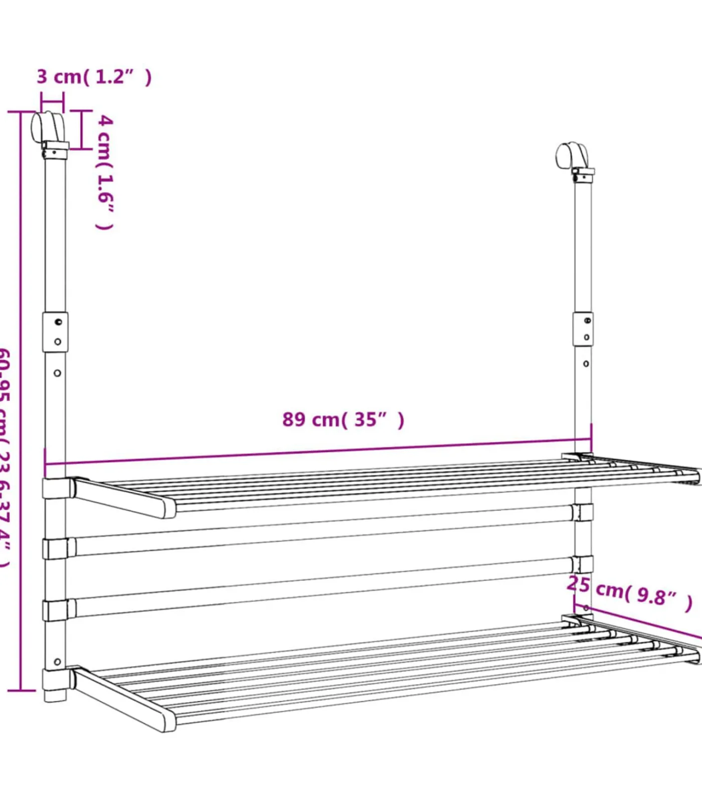 vidaXL Droogrek voor balkon 89x25x(60-95) cm aluminium