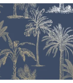 Outlet Behang Tropical Trees marineblauw en zilverkleurig Decoratie