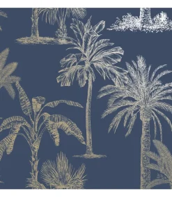 Outlet Behang Tropical Trees marineblauw en zilverkleurig Decoratie