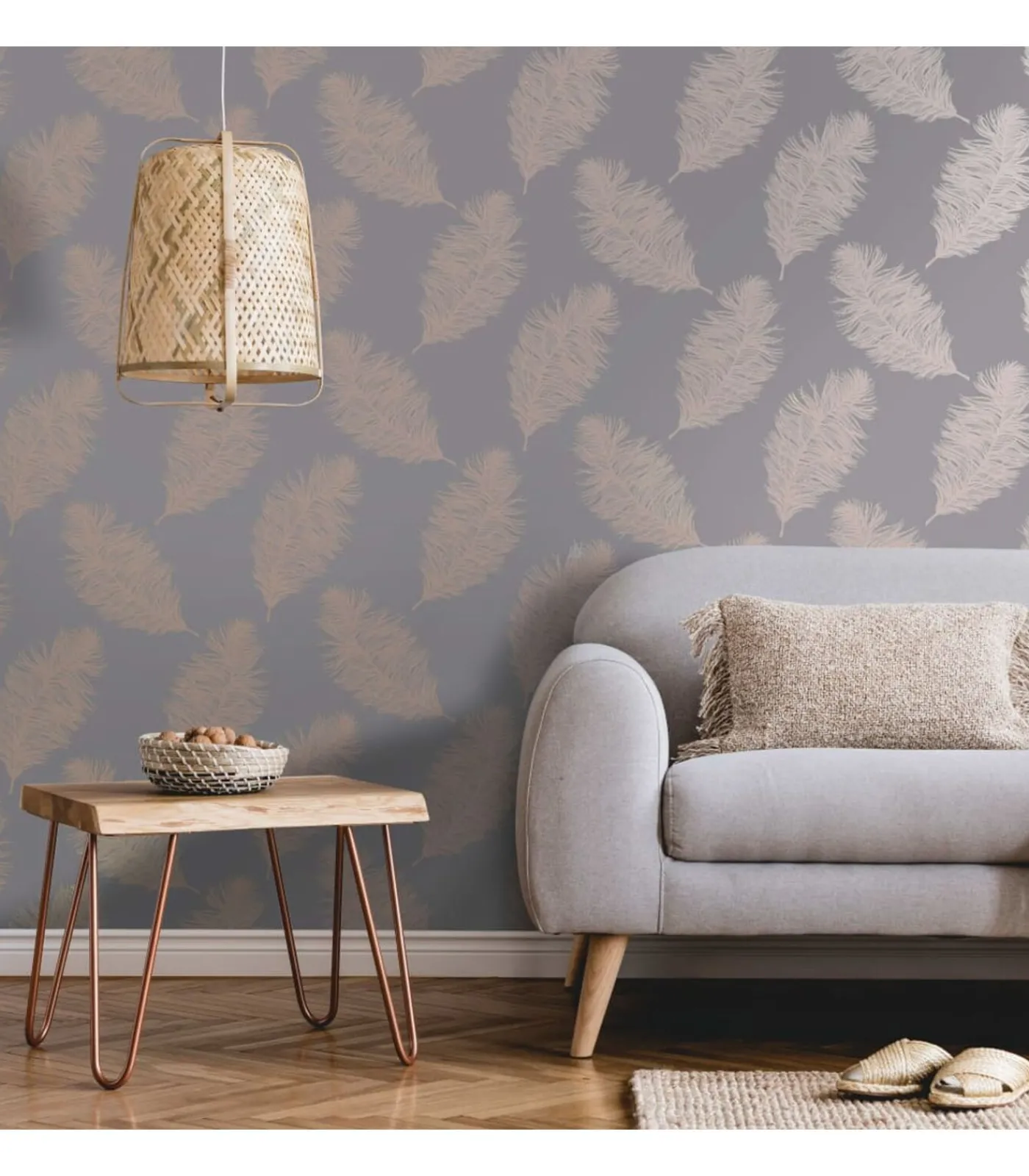 DUTCH WALLCOVERINGS Behang Fawning Feather grijs en roségoudkleurig