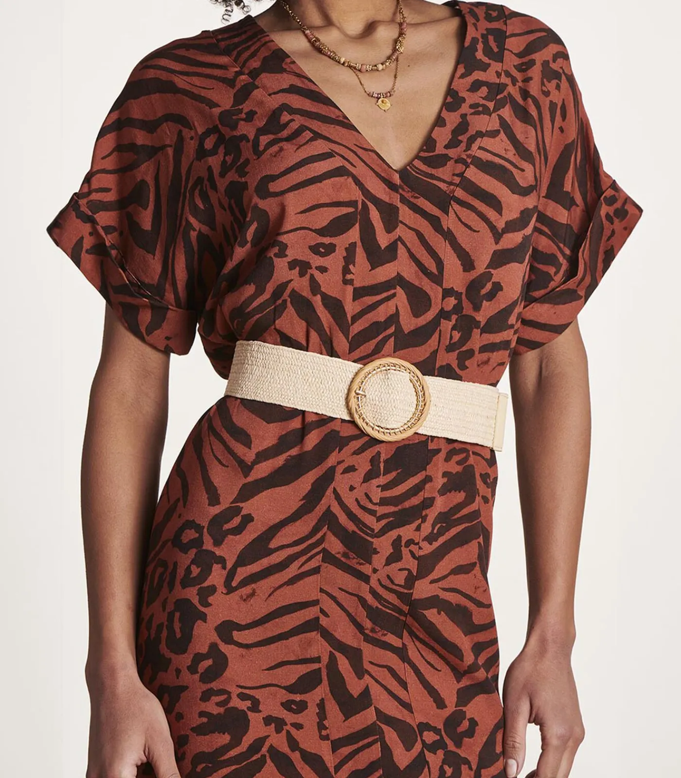 Elastische ecru riem met bamboe gesp DAMES Riemen