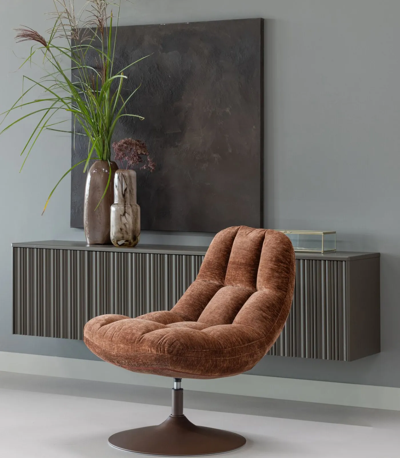 Outlet Elvi Draaifauteuil - Chenille Structuur - Roestbruin - 81x73x84 Zetels