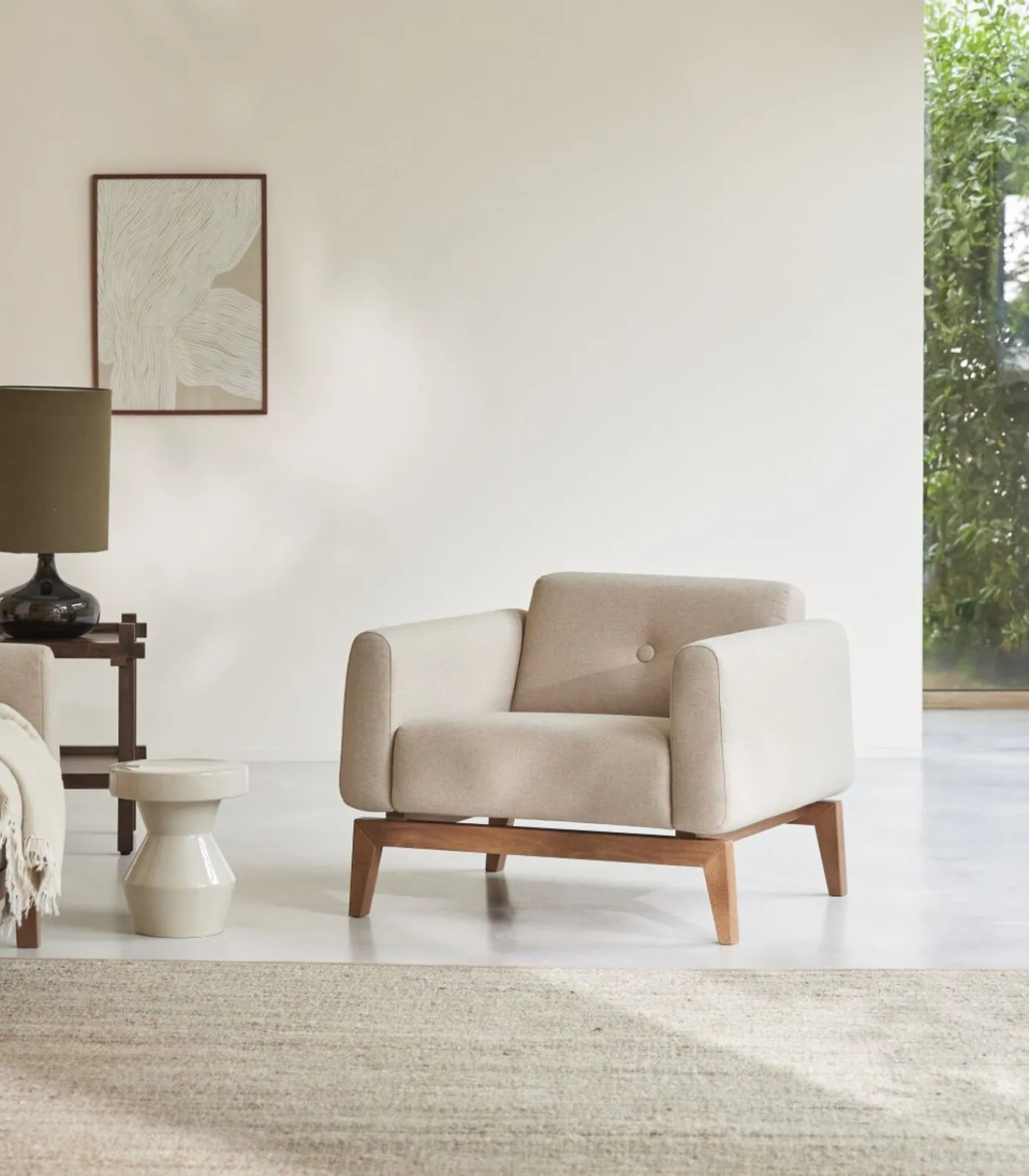 Best Fauteuil Bjorn in massief eiken en ecru stof, 1-zit Zetels