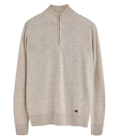 Discount Gemêleerd beige trui van merinowol met halve rits Heren Truien & Cardigans