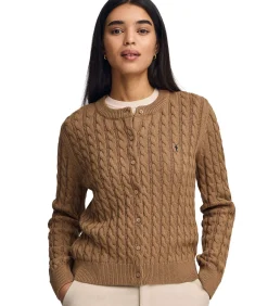 Outlet Gemêleerd camelkleurige kabelgebreide cardigan met geborduurd Rigby Go-logo DAMES Truien & Cardigans