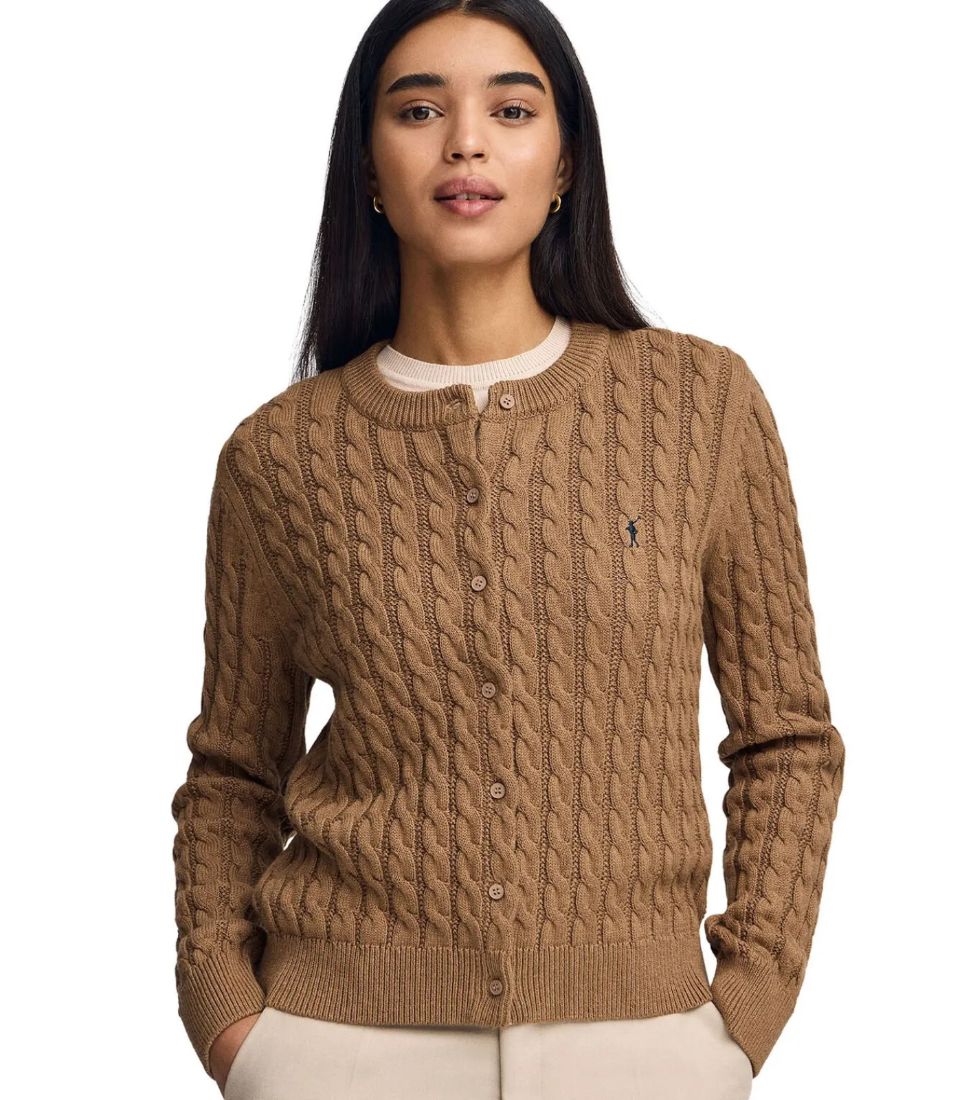 Outlet Gemêleerd camelkleurige kabelgebreide cardigan met geborduurd Rigby Go-logo DAMES Truien & Cardigans