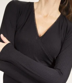 DAMES ISOTONER Geribd wikkeltruitje voor dames Zwart