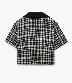 DAMES Koton Geruit Crop Blouse Korte Mouwen met Bebe Kraag