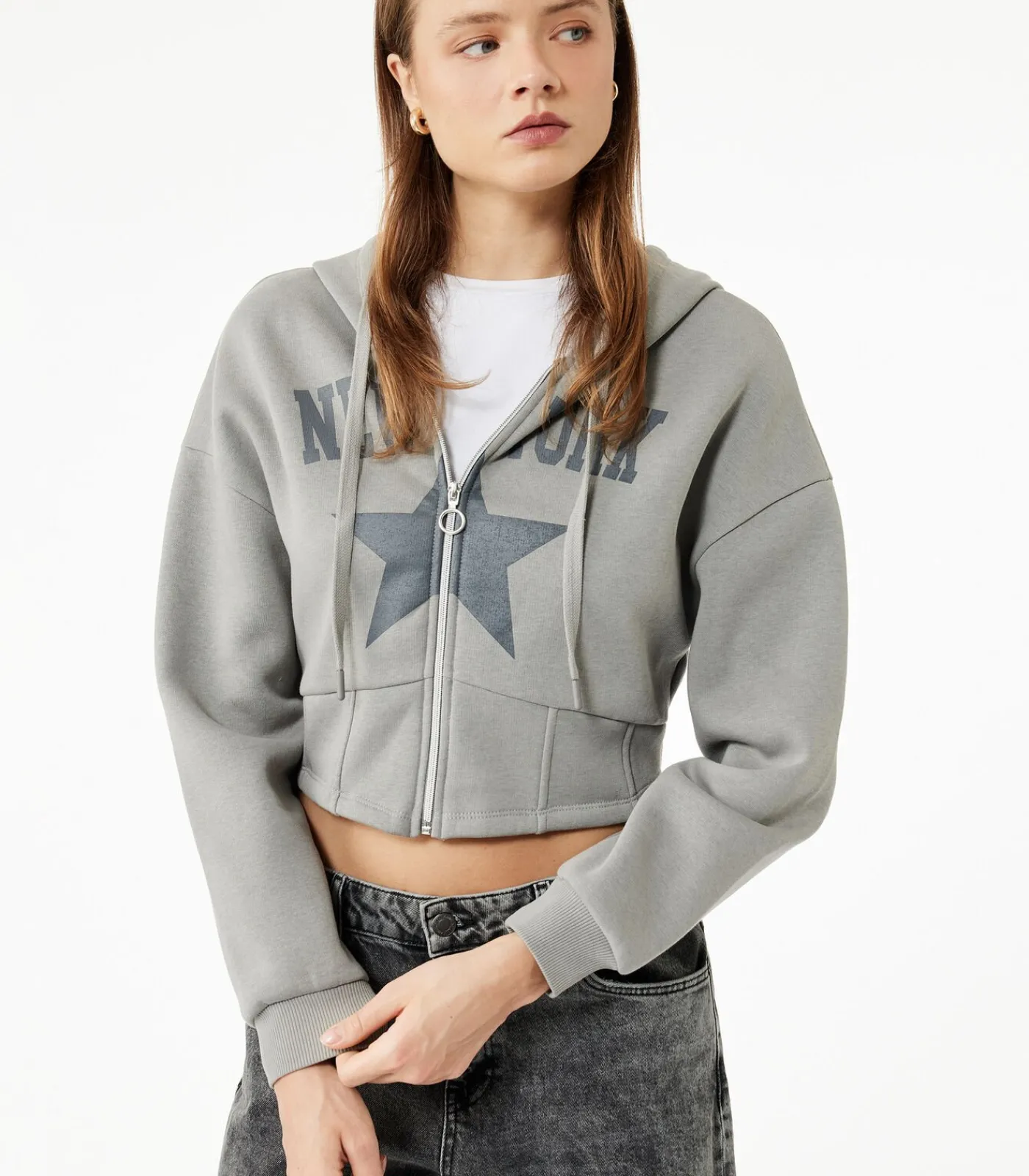 Sale Grijs Crop Sweatshirt Kap Hoody Lang DAMES Truien & Cardigans