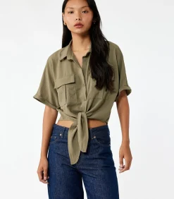 Groene Korte Mouwen Blouse met Binddetail DAMES Overhemden & Blouses