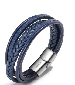 Discount Heren Armband Leder - Blauw met Zilver Kleurige Sluiting Heren Armbanden