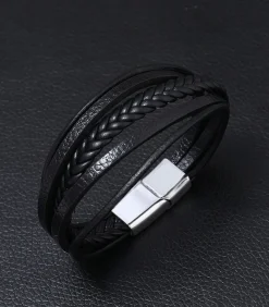 Heren Armband Leder - Zwart met Zilver Kleurige Sluiting Heren Armbanden