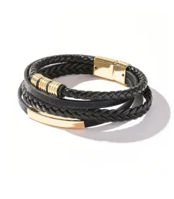 Heren Armband Leder - Zwart met Goud Kleurige Accenten Heren Armbanden