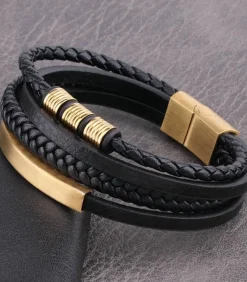 Heren Armband Leder - Zwart met Goud Kleurige Accenten Heren Armbanden