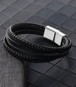 Online Heren Armband Leder met Dubbele Vlecht - Zwart met Zilver Kleurige Sluiting Heren Armbanden
