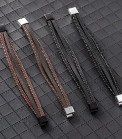 Online Heren Armband Leder met Dubbele Vlecht - Bruin met Zwarte Sluiting Heren Armbanden