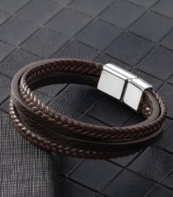 Heren TrendFox Heren Armband Leder met Dubbele Vlecht - Bruin met Zilver Kleurige Sluiting