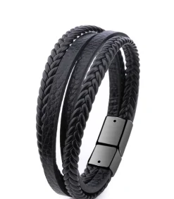 New Heren Armband Leder met Dubbele Vlecht - Zwart met Zwarte Sluiting Heren Armbanden