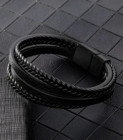 New Heren Armband Leder met Dubbele Vlecht - Zwart met Zwarte Sluiting Heren Armbanden