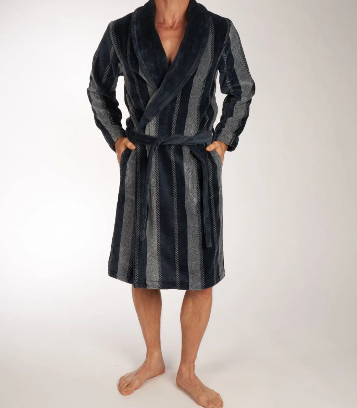 New Heren badjas Velours - 115CM - Stripe - Lange warme ochtendjas voor mannen Heren Badjassen