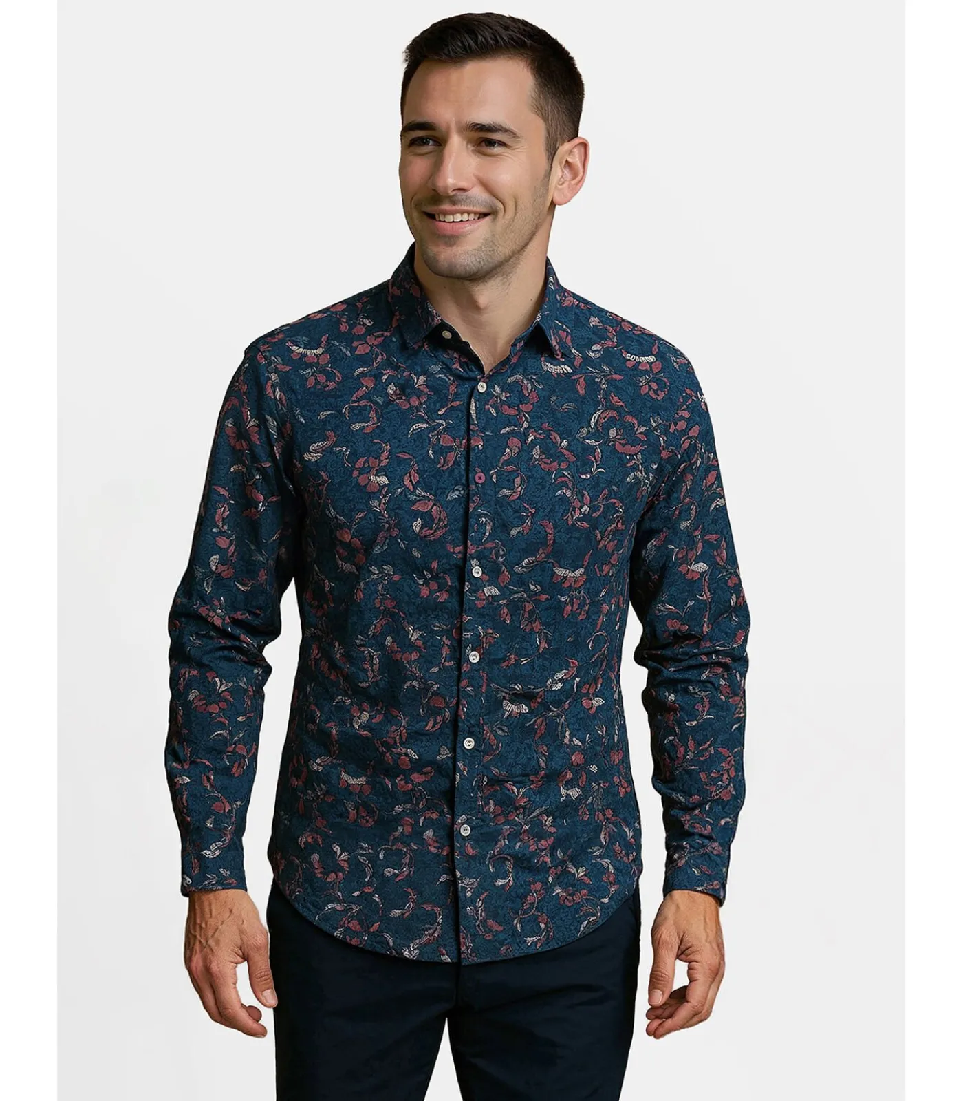 Heren J&JOY Herenblauw overhemd met plantenprint