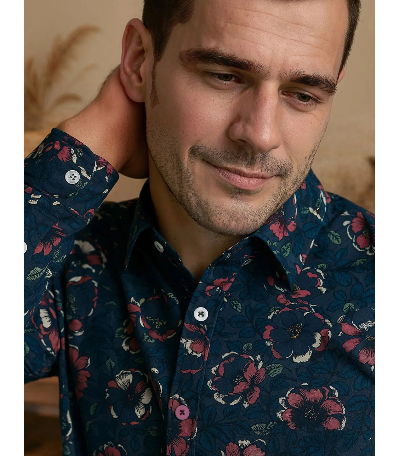 Heren J&JOY Herenblauw overhemd met plantenprint