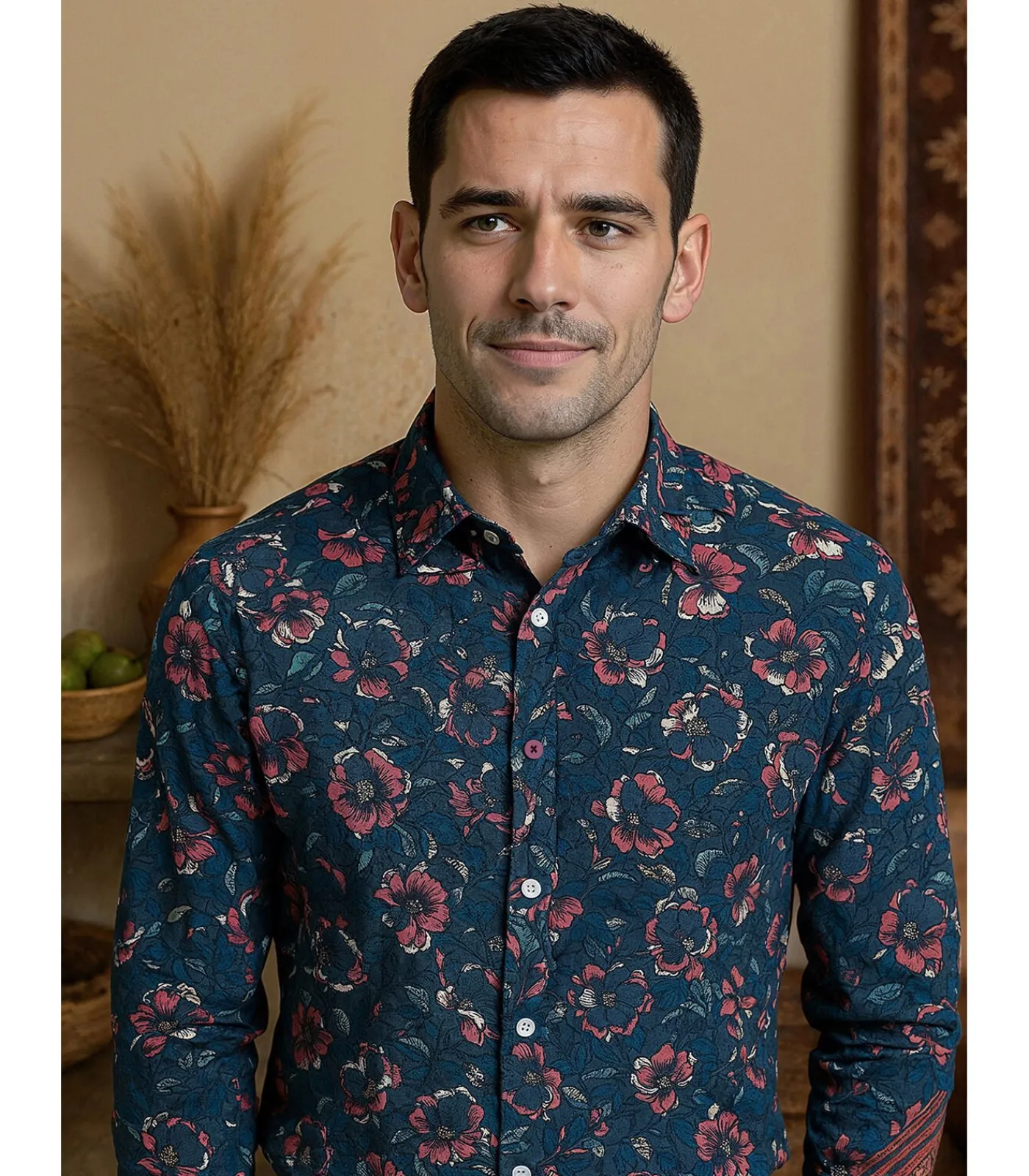 Heren J&JOY Herenblauw overhemd met plantenprint