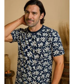 Discount Herenblauw t-shirt met bloemenprint Heren T-Shirts & Polo's