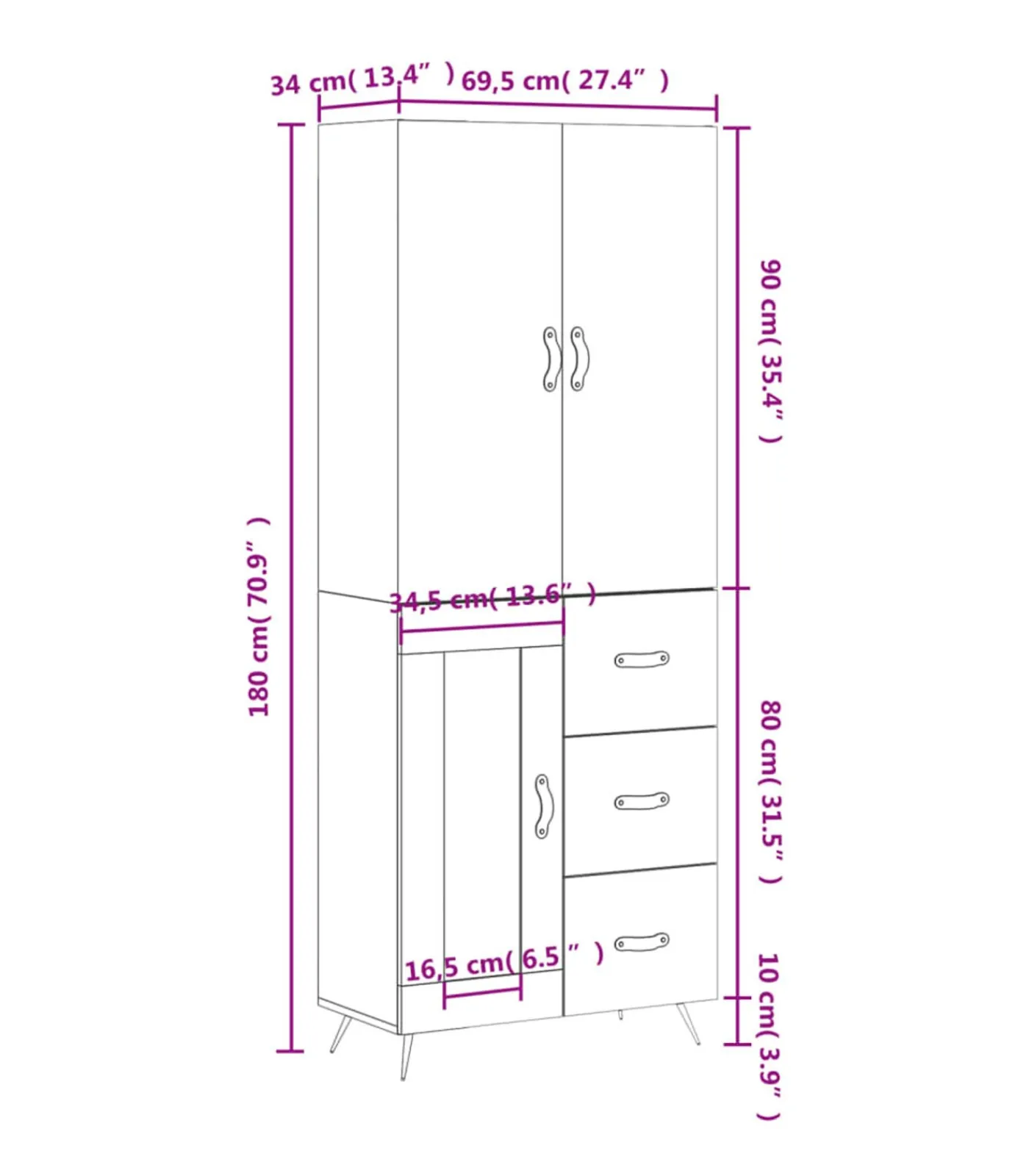 vidaXL Hoge kast 69,5x34x180 cm bewerkt hout betongrijs