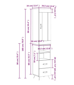 vidaXL Hoge kast 34,5x34x180 cm bewerkt hout grijs sonoma eikenkleurig