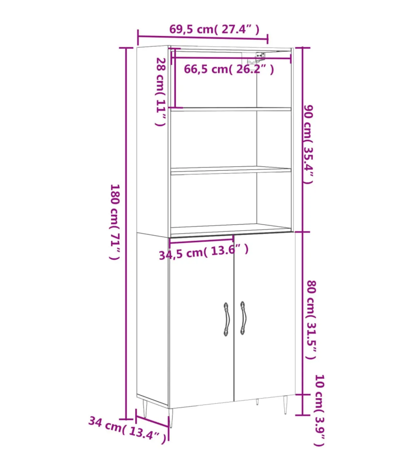vidaXL Hoge kast 69,5x34x180 cm bewerkt hout betongrijs