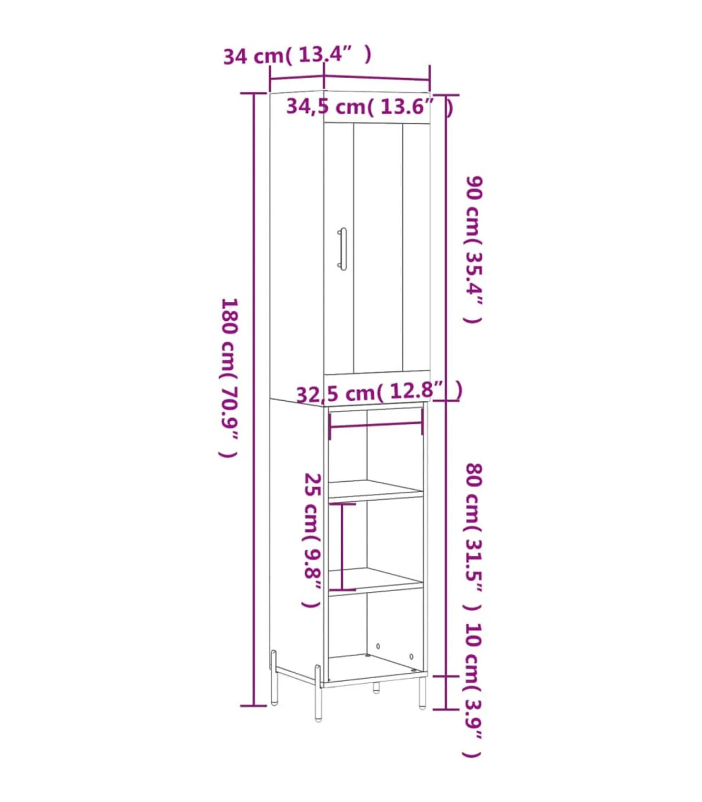 vidaXL Hoge kast 34,5x34x180 cm bewerkt hout grijs sonoma eikenkleurig