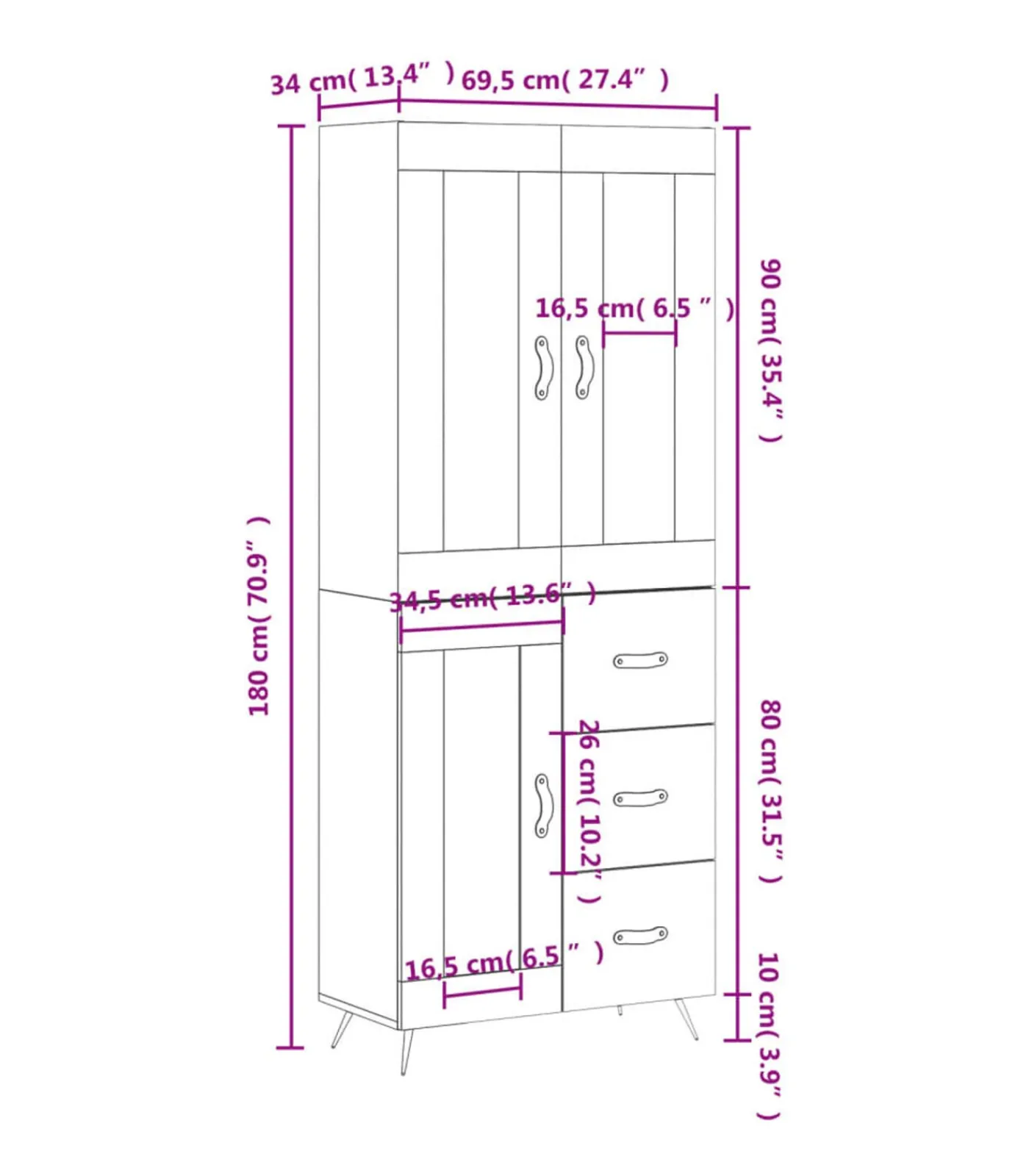 vidaXL Hoge kast 69,5x34x180 cm bewerkt hout wit