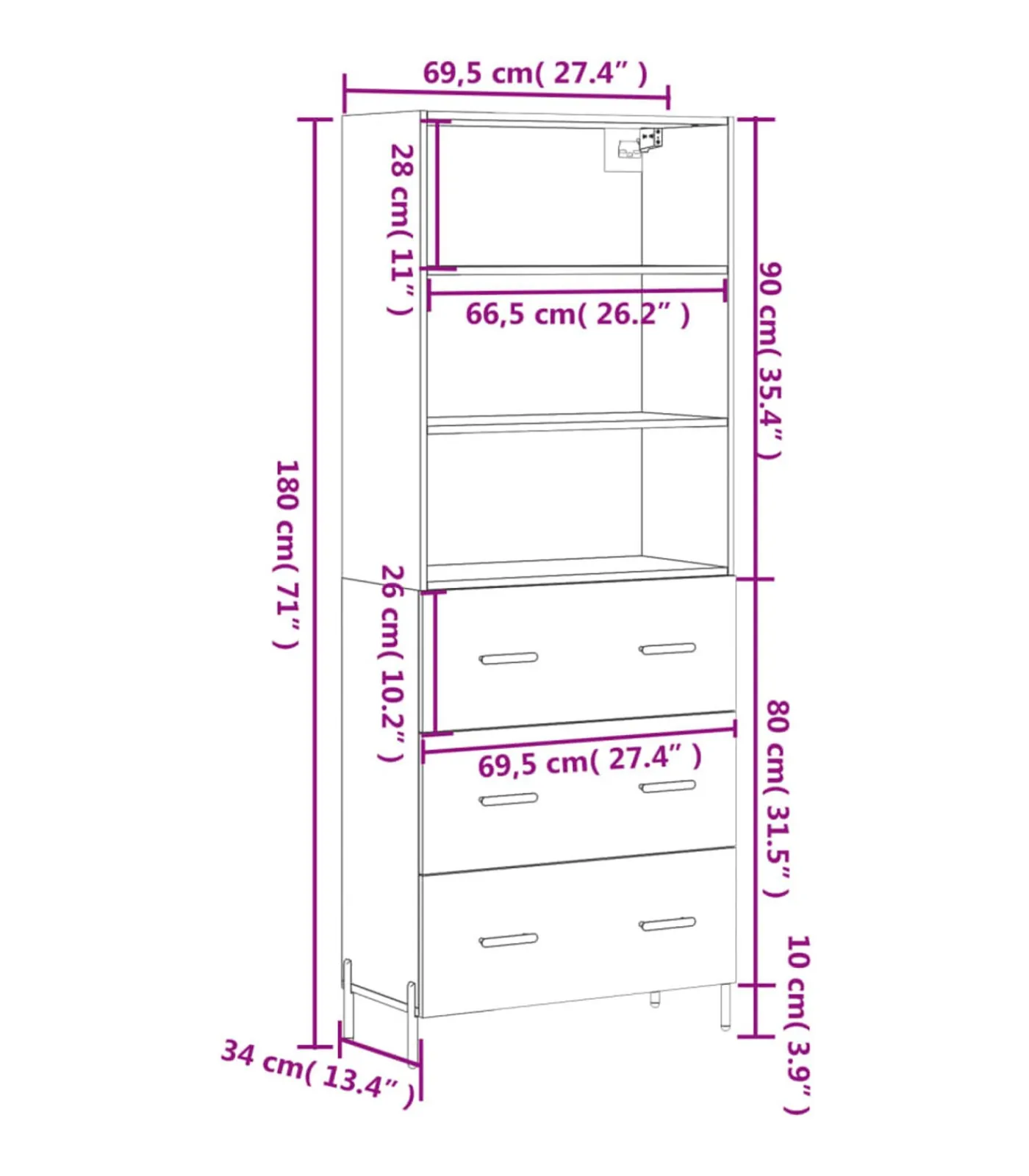 Clearance Hoge kast 69,5x34x180 cm bewerkt hout bruin eikenkleur Meubels