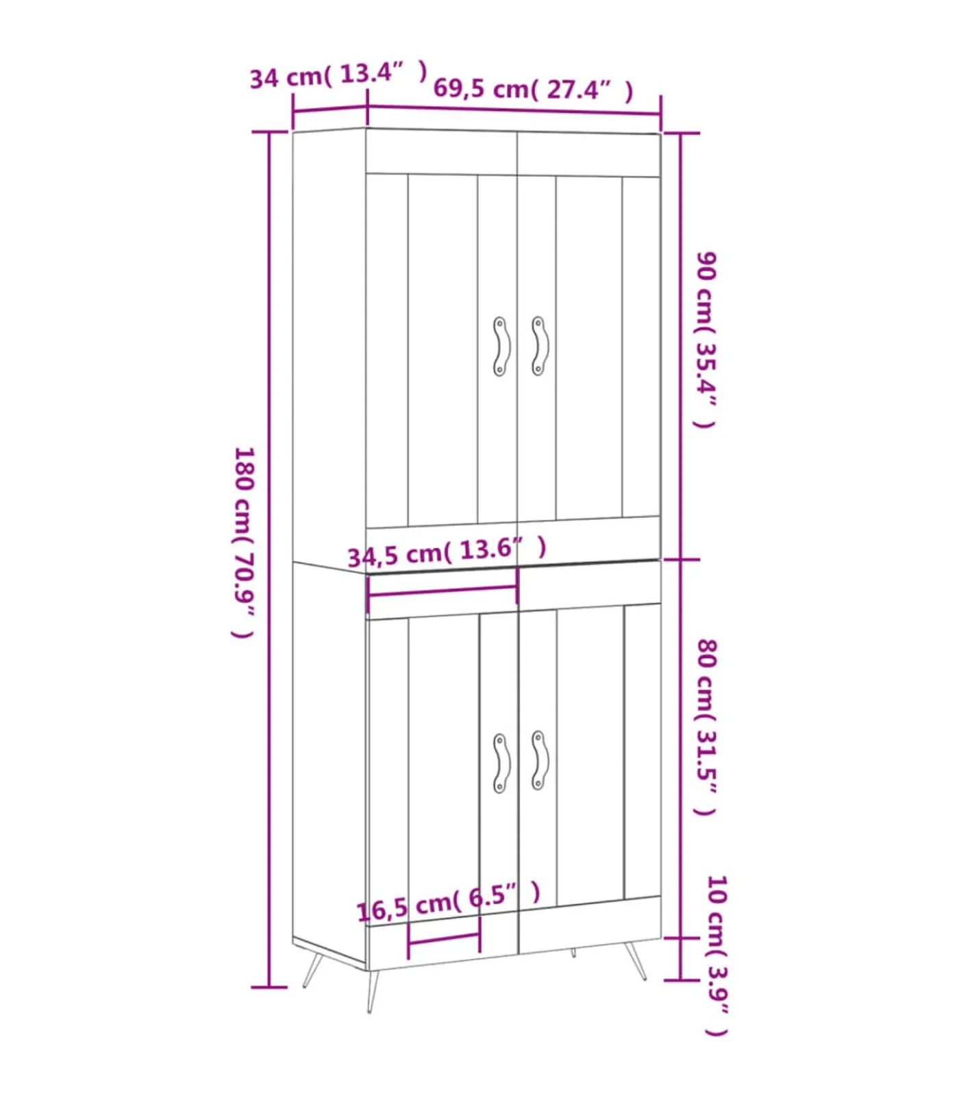 vidaXL Hoge kast 69,5x34x180 cm bewerkt hout wit