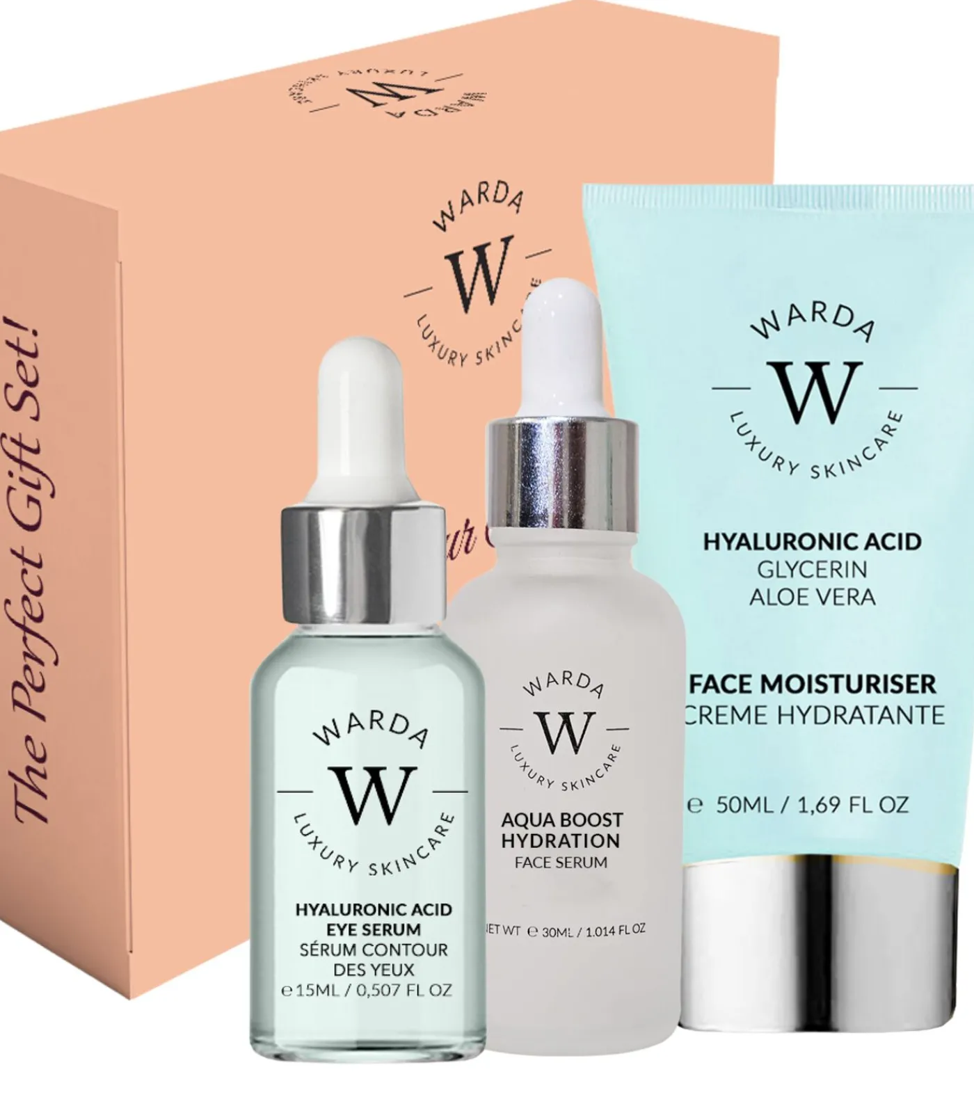 HUIDHYDRATATIE BOOST HYALURONZUUR BEVOCHTIGINGSCRÈME 50ml + HUIDHYDRATATIE BOOST HYALURONZUUR OOGSERUM 15ml + Aqua boost Hydraterend gezichtsserum 30ml Beauty Gift Sets