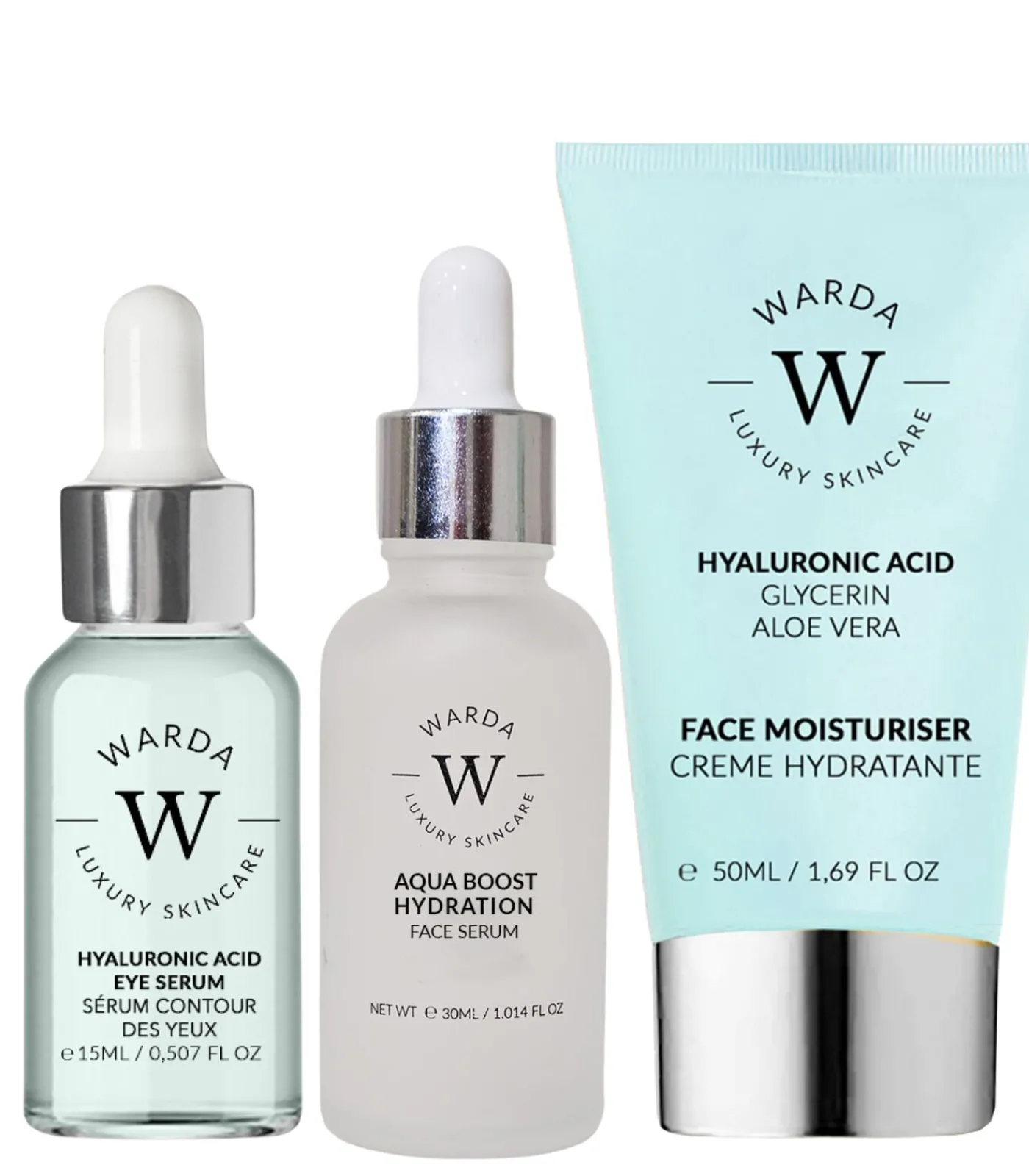 HUIDHYDRATATIE BOOST HYALURONZUUR BEVOCHTIGINGSCRÈME 50ml + HUIDHYDRATATIE BOOST HYALURONZUUR OOGSERUM 15ml + Aqua boost Hydraterend gezichtsserum 30ml Beauty Gift Sets