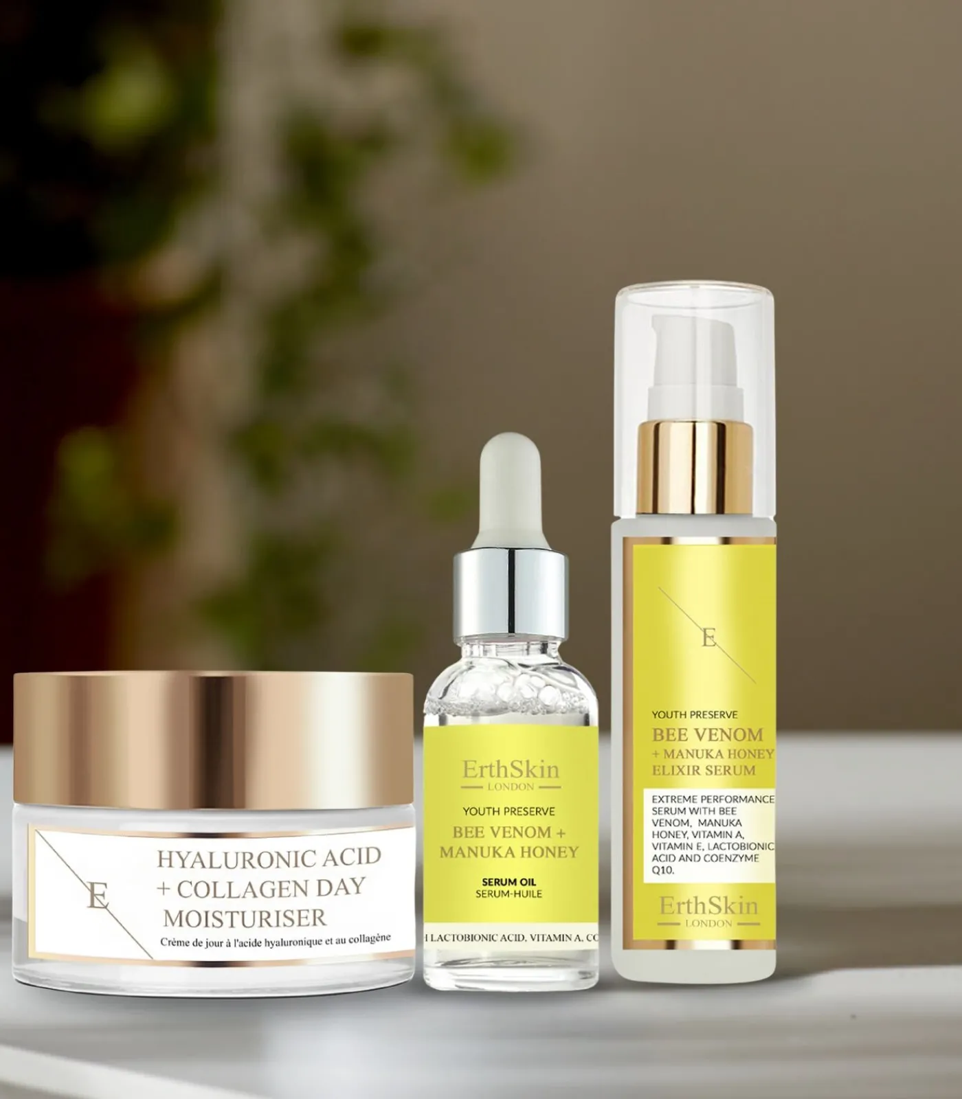 Erth Skin London Hyaluronzuur & Collageen Dagcrème + Elixir Serum + Serumolie