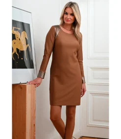 DAMES BLEU D'AZUR KAHLO Jurk van twee materialen in bronsbruin