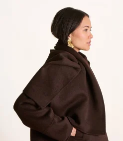 Korte bruine wollen jas met afneembare sjaal DAMES Jassen