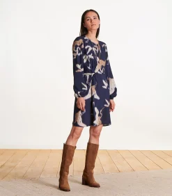 DAMES La Fée Maraboutée Korte getailleerde en gedrapeerde marineblauwe jurk met print