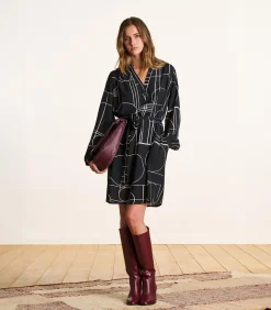 Korte jurk met ceintuur donkerblauw met print DAMES Jurken