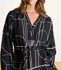 Korte jurk met ceintuur donkerblauw met print DAMES Jurken