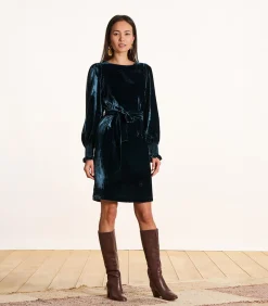 DAMES La Fée Maraboutée Korte jurk van petrolblauwe fluweel met lange mouwen