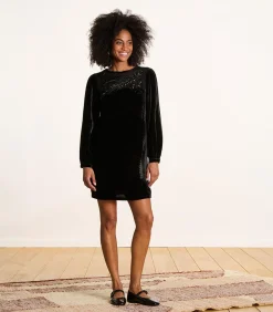 Hot Korte jurk van zwarte fluweel met borduurwerk DAMES Jurken