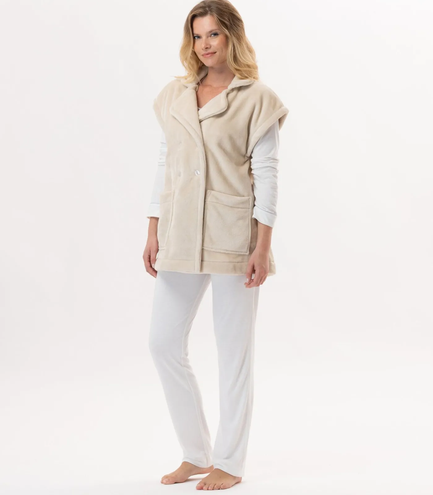 Online Korte mouwen jasje met knopen van pluche flanel ESSENTIEL H76A DAMES Loungewear