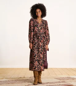 DAMES La Fée Maraboutée Lange zwarte en bruine jurk met ceintuur en cache-coeur print