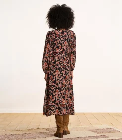 DAMES La Fée Maraboutée Lange zwarte en bruine jurk met ceintuur en cache-coeur print