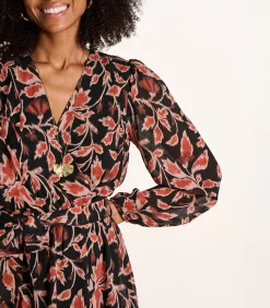 DAMES La Fée Maraboutée Lange zwarte en bruine jurk met ceintuur en cache-coeur print