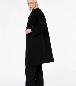 Sale Lange Zwarte Mantel Met Knoopsluiting en Zakdetails DAMES Jassen